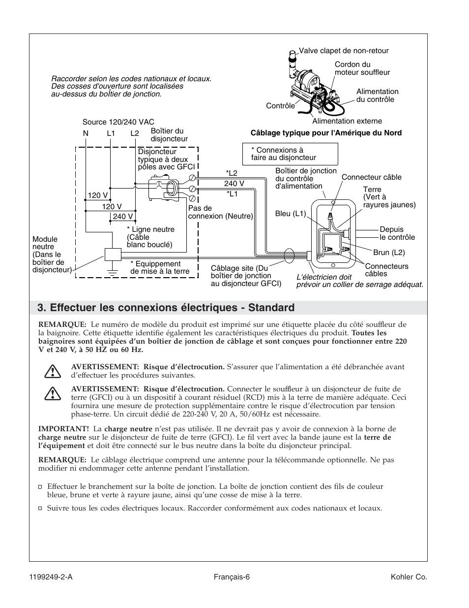 Effectuer les connexions électriques - standard | Kohler Bath with Airjets 1199249-2-A User Manual | Page 26 / 64