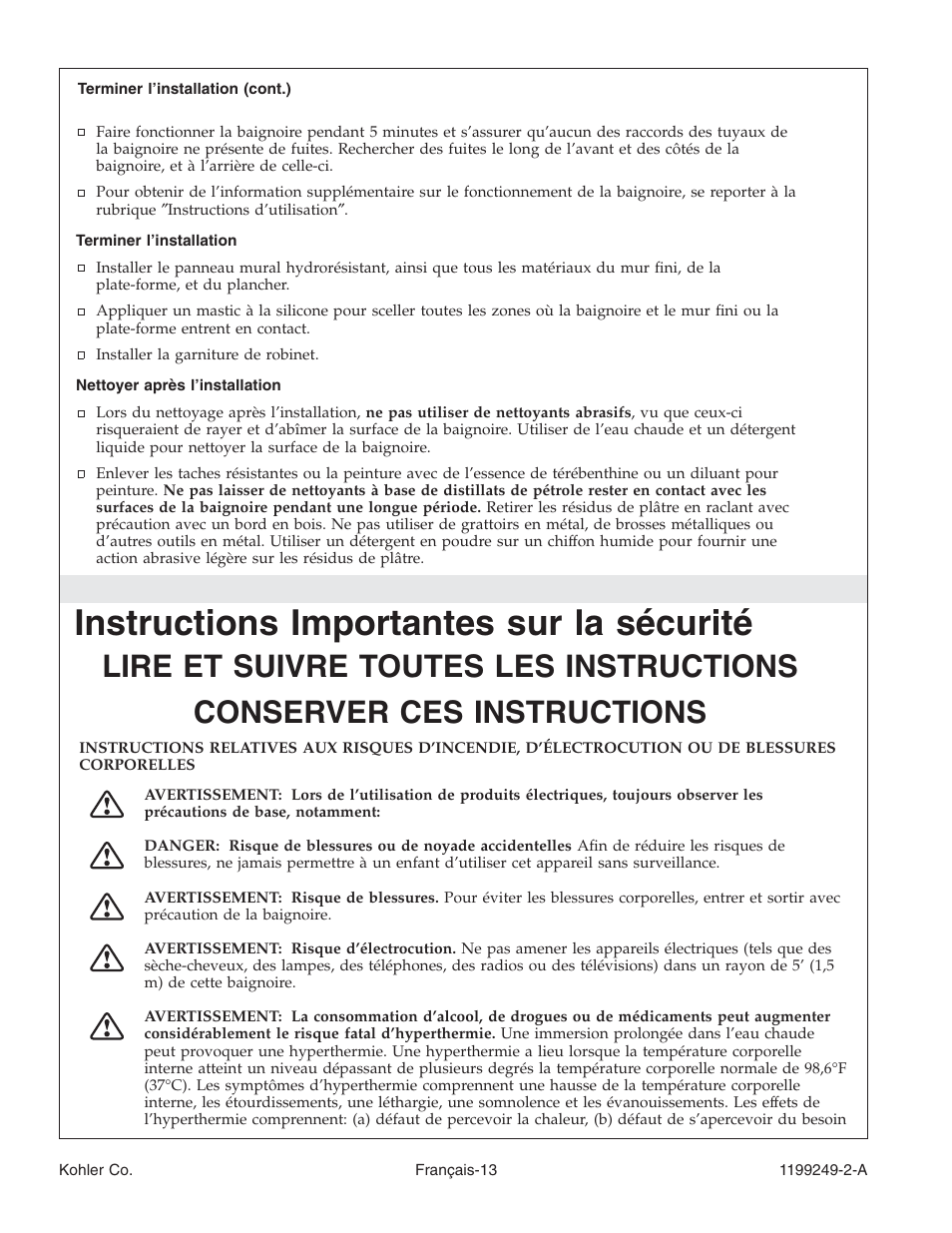 Instructions importantes sur la sécurité | Kohler Bath with Airjets 1199249-2-A User Manual | Page 33 / 64