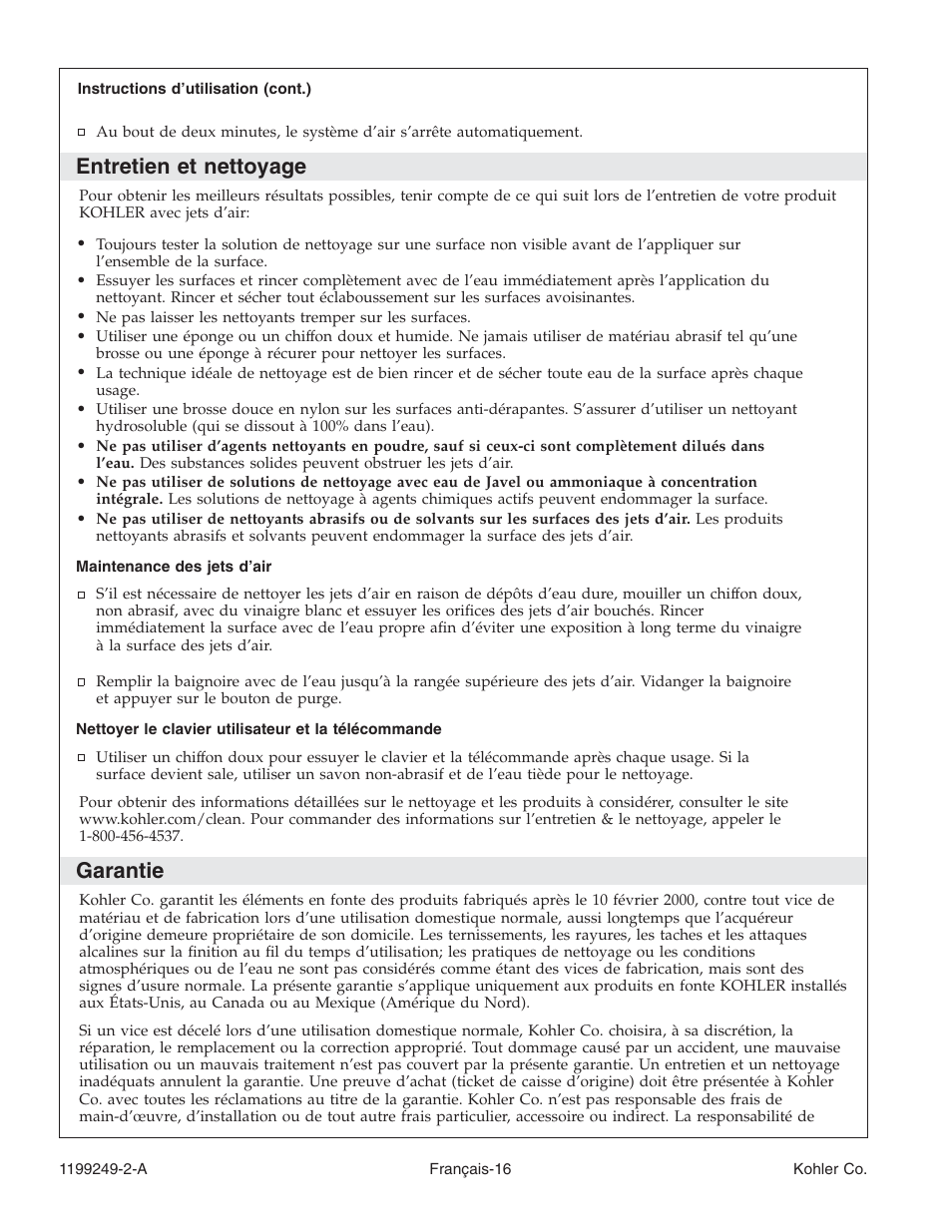 Entretien et nettoyage, Garantie | Kohler Bath with Airjets 1199249-2-A User Manual | Page 36 / 64