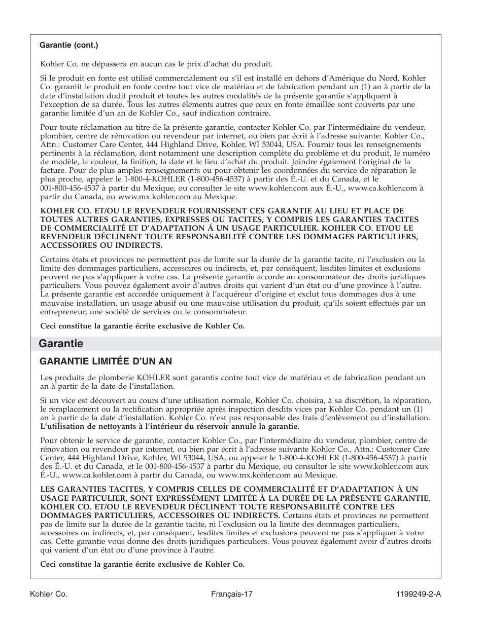 Garantie | Kohler Bath with Airjets 1199249-2-A User Manual | Page 37 / 64