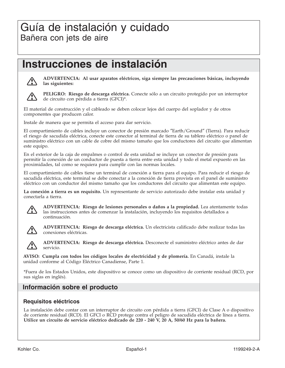 Guía de instalación y cuidado, Instrucciones de instalación, Bañera con jets de aire | Información sobre el producto | Kohler Bath with Airjets 1199249-2-A User Manual | Page 42 / 64