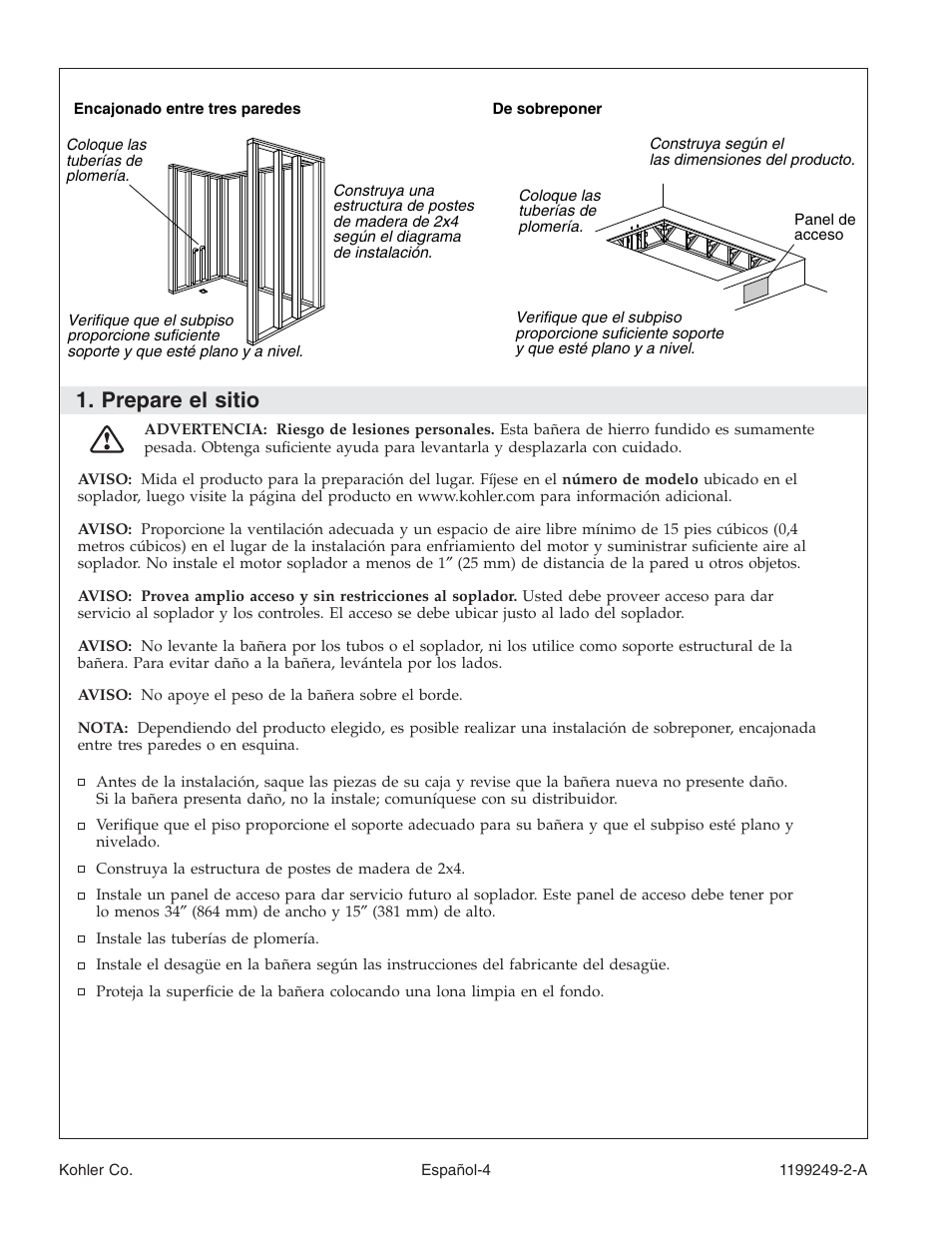 Prepare el sitio | Kohler Bath with Airjets 1199249-2-A User Manual | Page 45 / 64