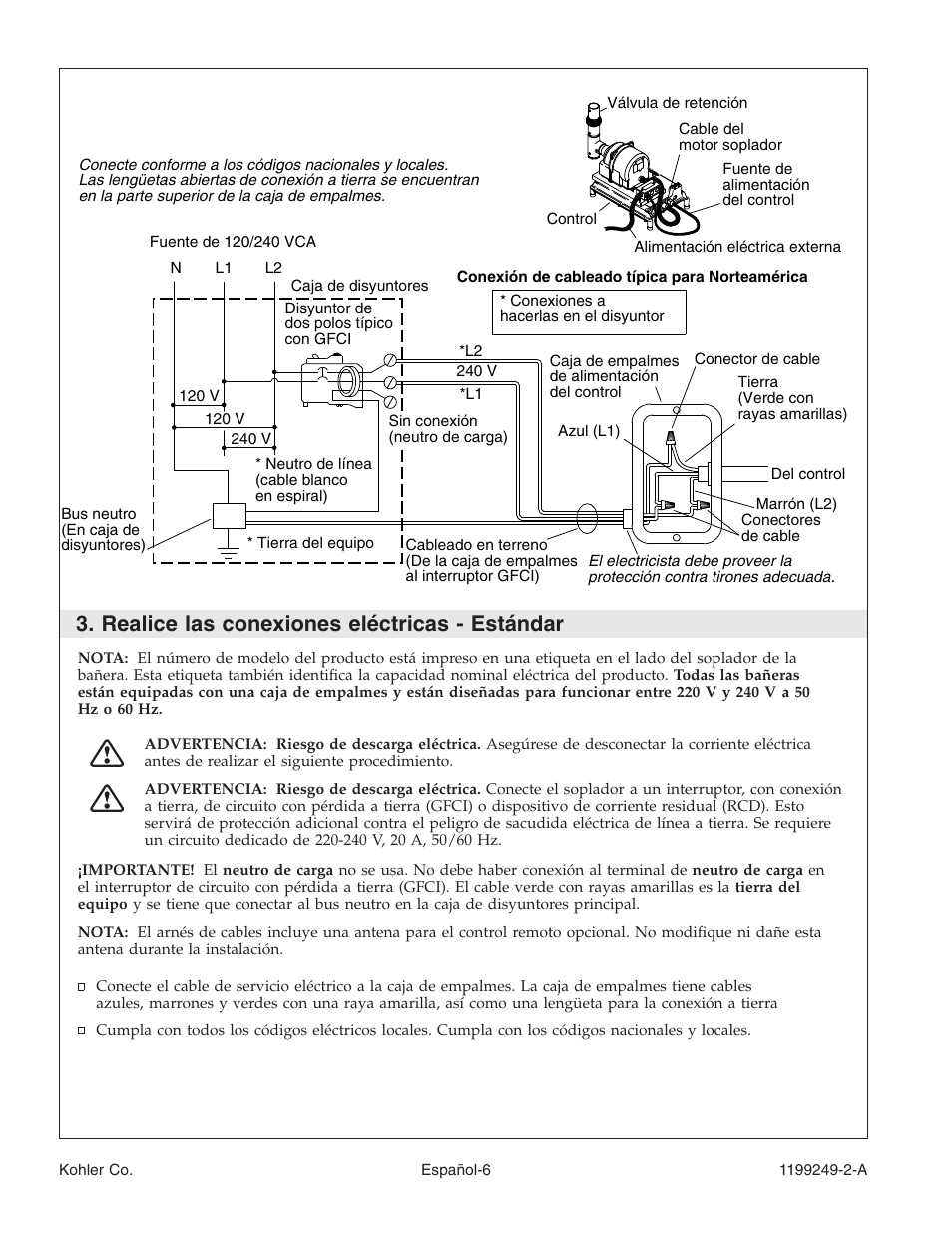 Realice las conexiones eléctricas - estándar | Kohler Bath with Airjets 1199249-2-A User Manual | Page 47 / 64