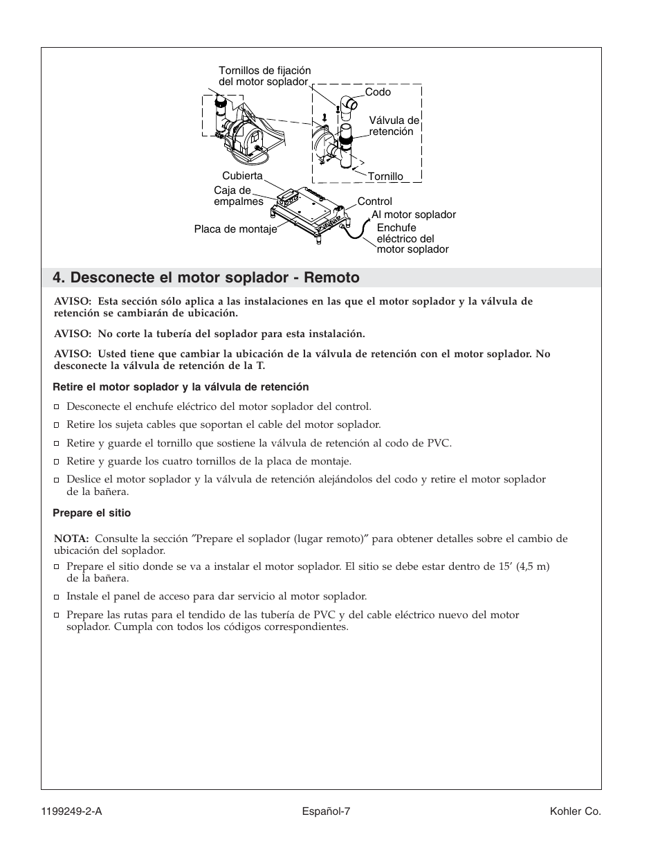 Desconecte el motor soplador - remoto | Kohler Bath with Airjets 1199249-2-A User Manual | Page 48 / 64