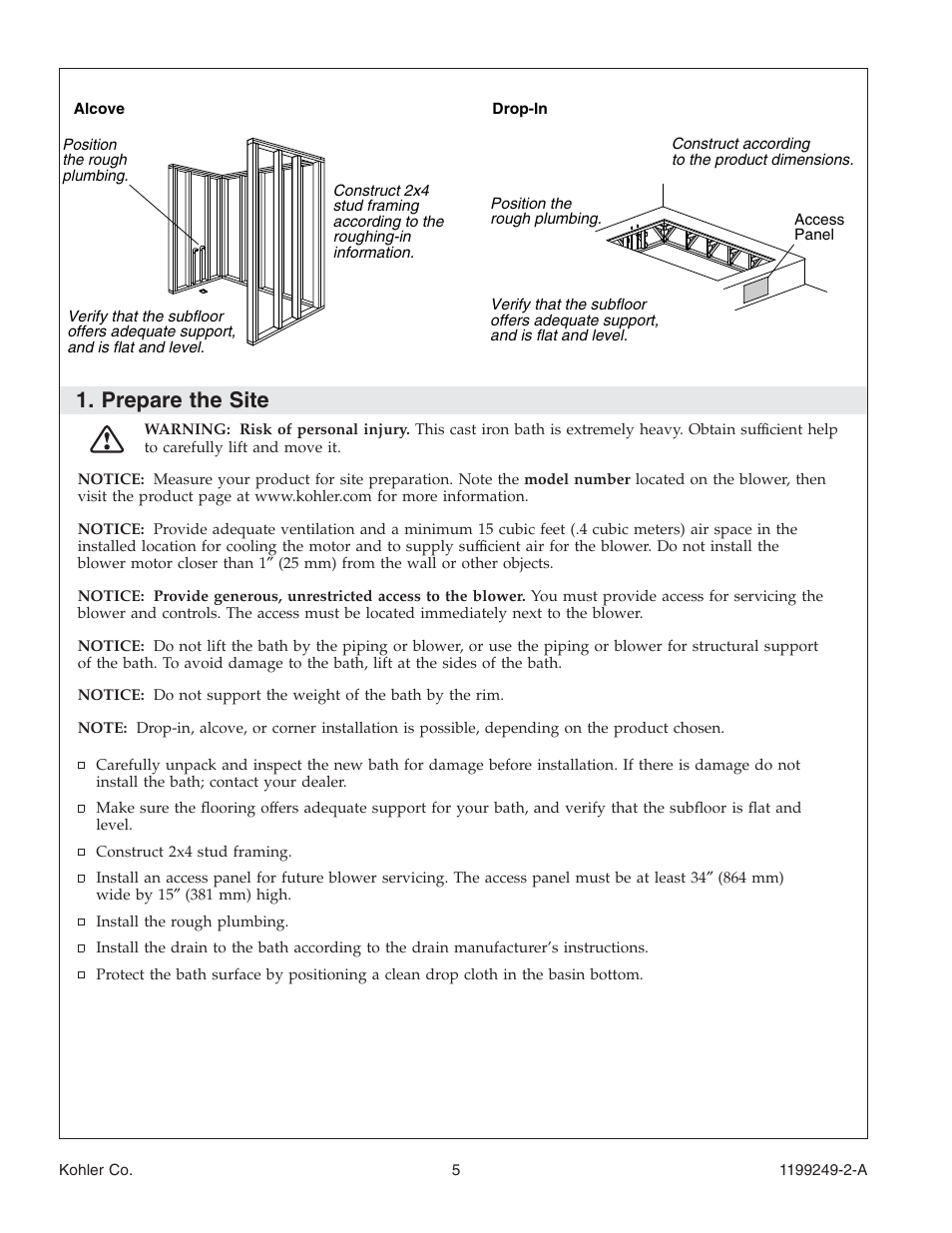 Prepare the site | Kohler Bath with Airjets 1199249-2-A User Manual | Page 5 / 64