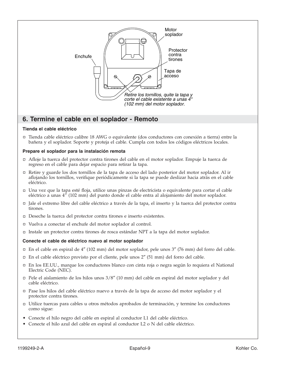Termine el cable en el soplador - remoto | Kohler Bath with Airjets 1199249-2-A User Manual | Page 50 / 64