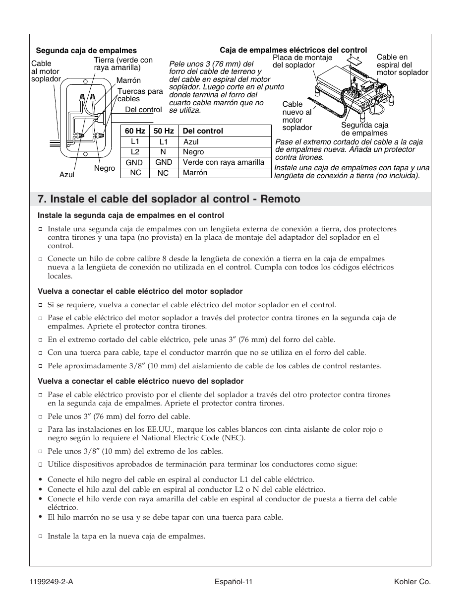 Instale el cable del soplador al control - remoto | Kohler Bath with Airjets 1199249-2-A User Manual | Page 52 / 64