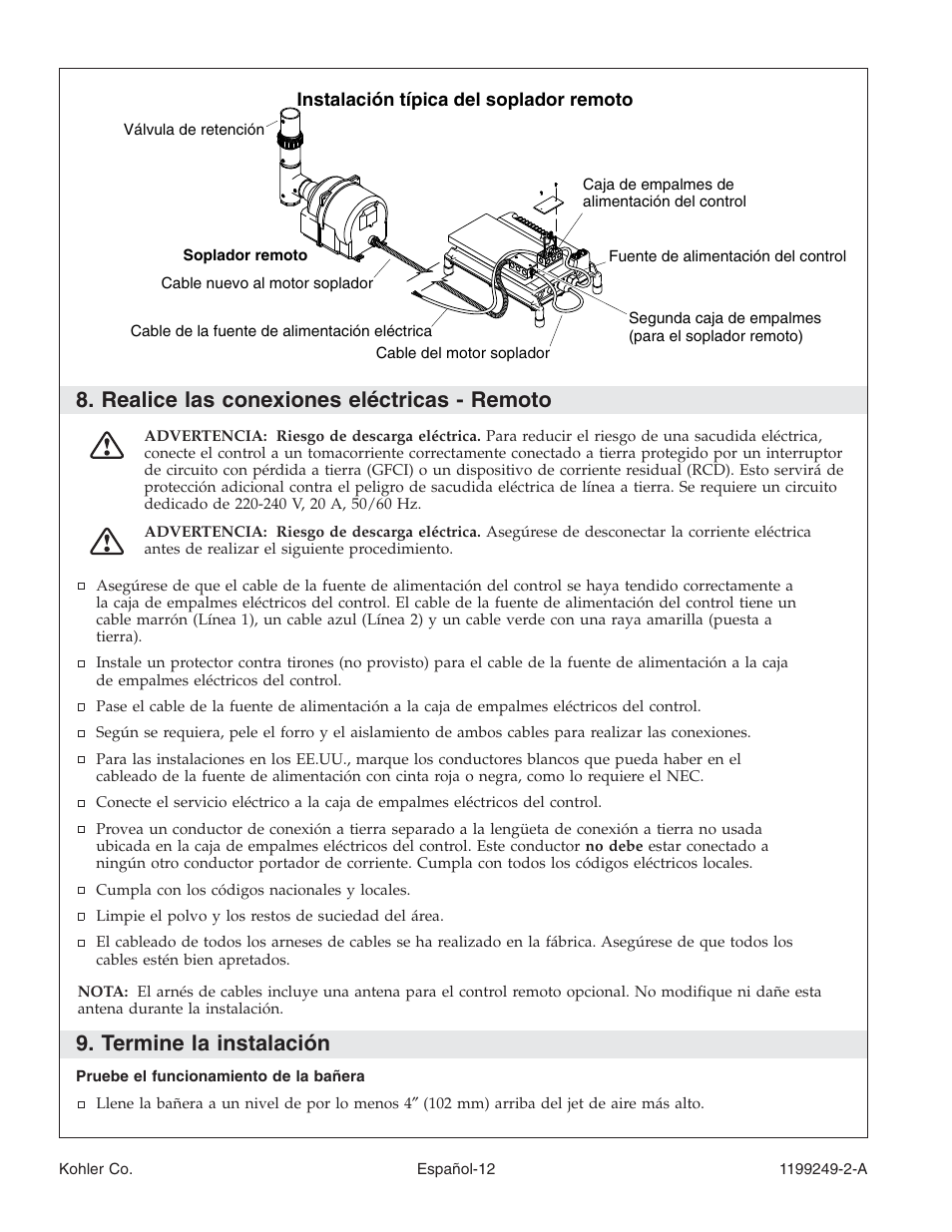 Realice las conexiones eléctricas - remoto, Termine la instalación | Kohler Bath with Airjets 1199249-2-A User Manual | Page 53 / 64