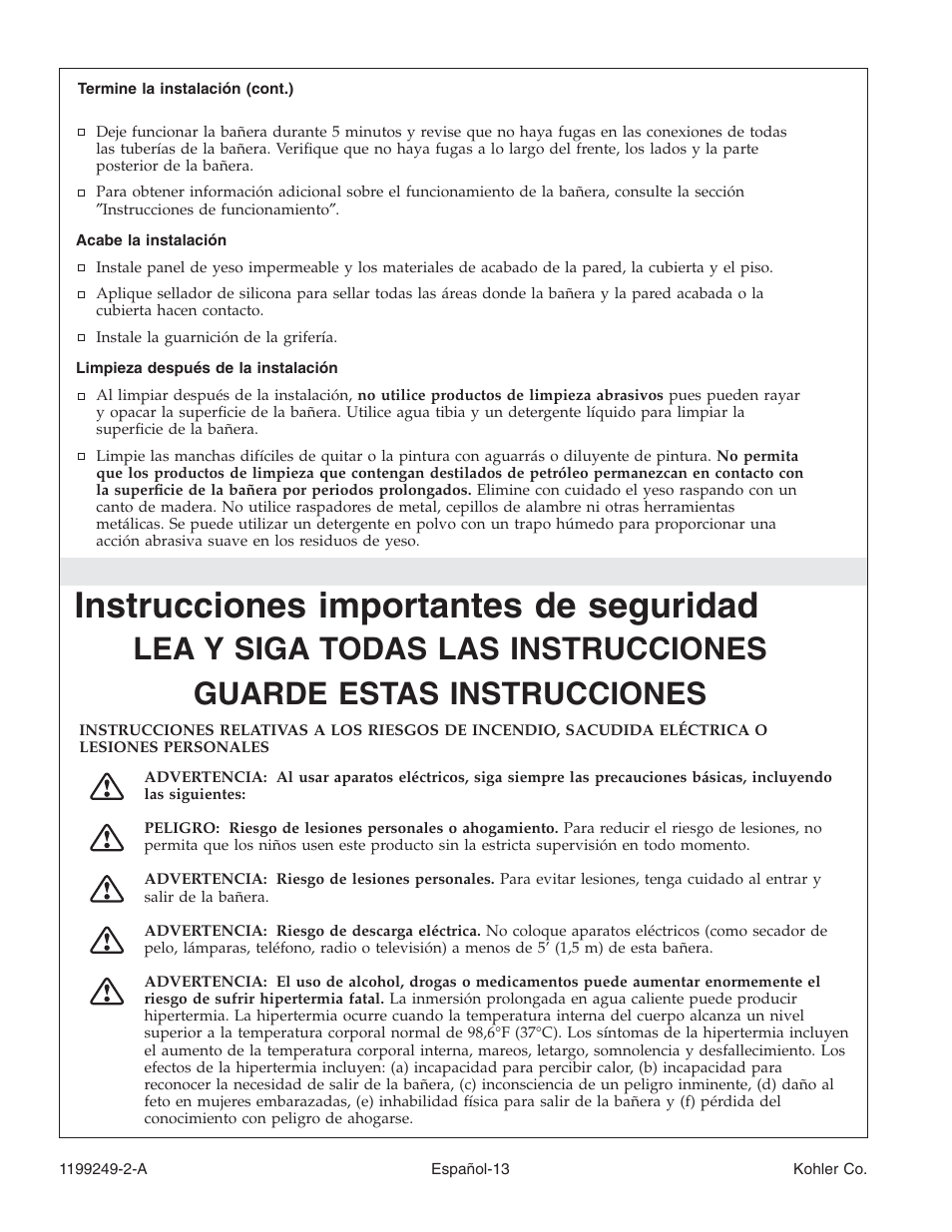 Instrucciones importantes de seguridad | Kohler Bath with Airjets 1199249-2-A User Manual | Page 54 / 64