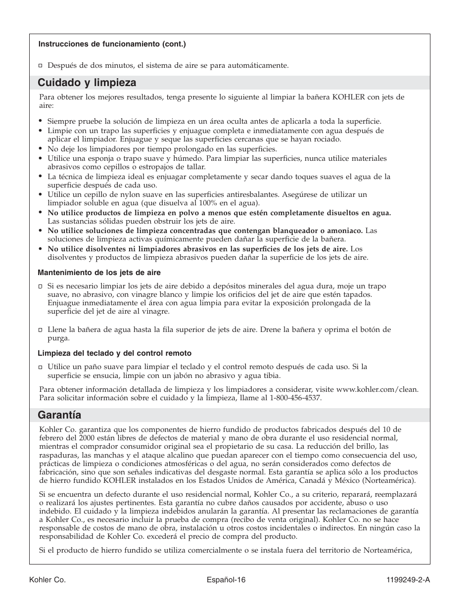 Cuidado y limpieza, Garantía | Kohler Bath with Airjets 1199249-2-A User Manual | Page 57 / 64