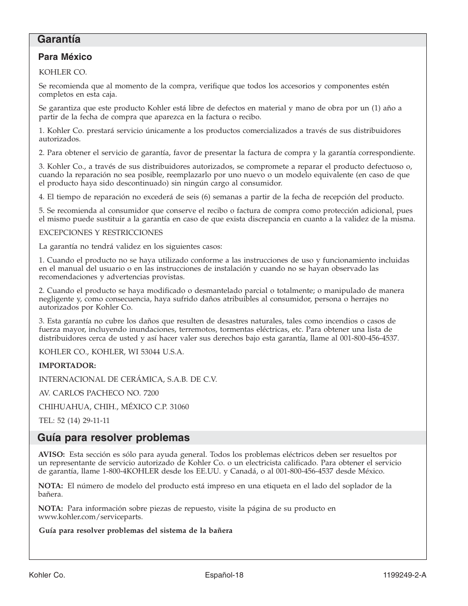 Garantía, Guía para resolver problemas | Kohler Bath with Airjets 1199249-2-A User Manual | Page 59 / 64