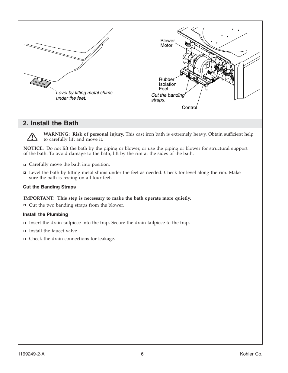 Install the bath | Kohler Bath with Airjets 1199249-2-A User Manual | Page 6 / 64