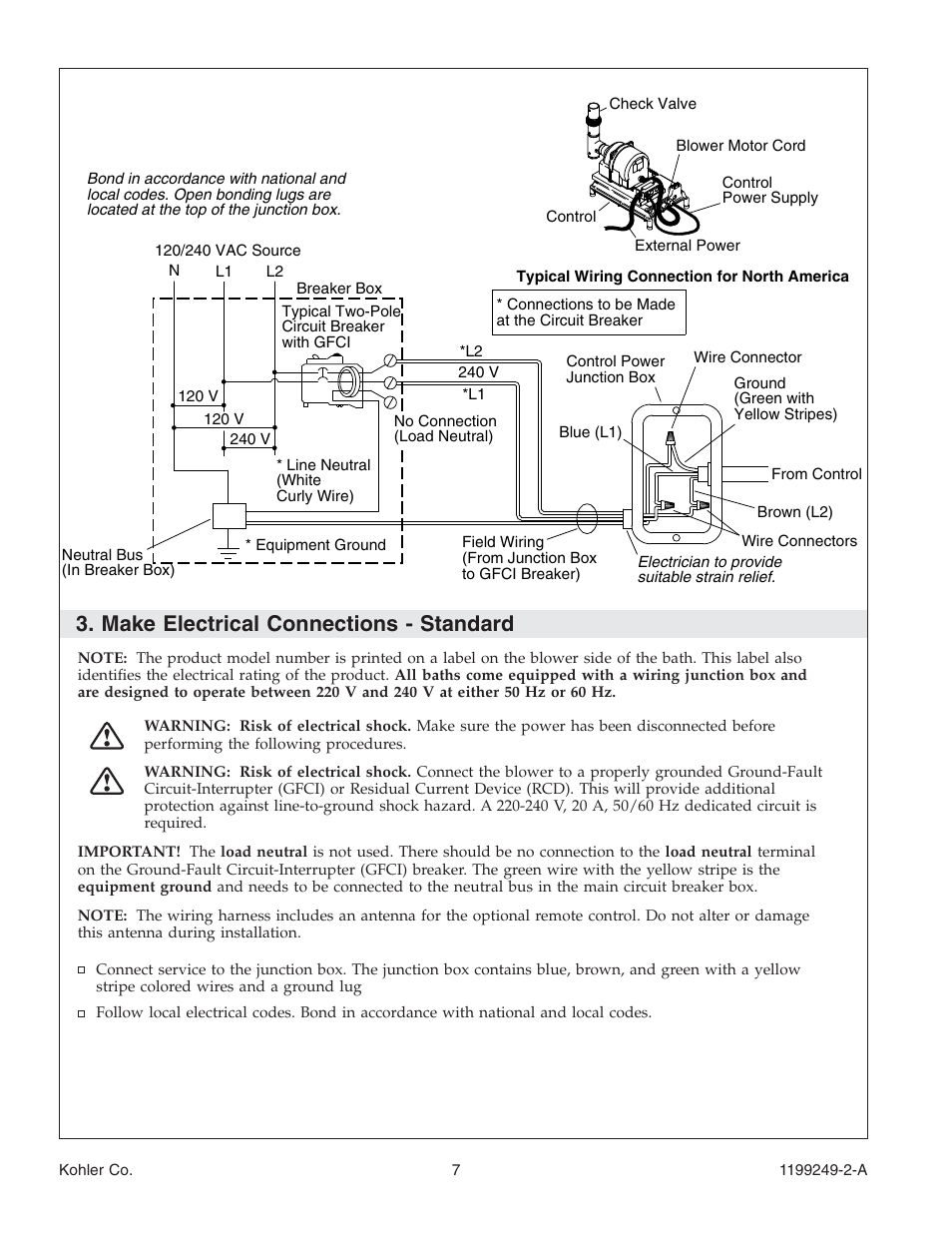 Make electrical connections - standard | Kohler Bath with Airjets 1199249-2-A User Manual | Page 7 / 64