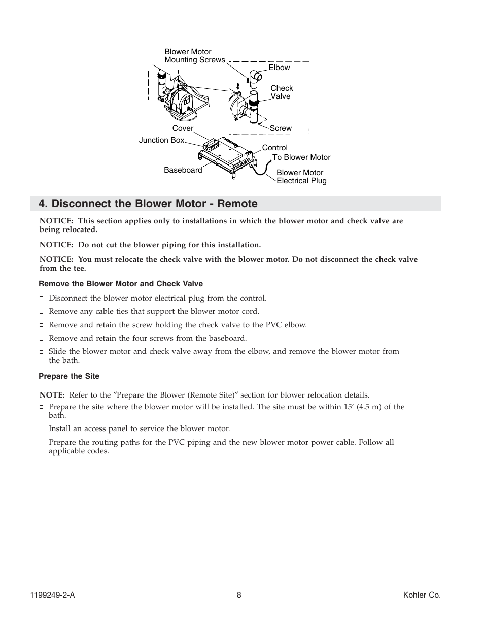 Disconnect the blower motor - remote | Kohler Bath with Airjets 1199249-2-A User Manual | Page 8 / 64