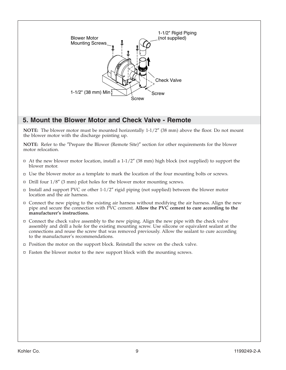 Mount the blower motor and check valve - remote | Kohler Bath with Airjets 1199249-2-A User Manual | Page 9 / 64