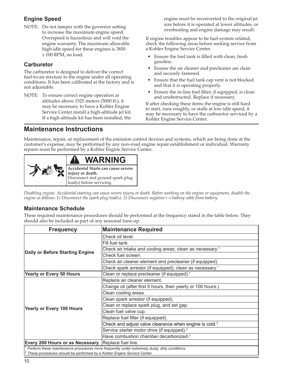 Warning, Maintenance instructions | Kohler Courage SH265 User Manual | Page 10 / 18