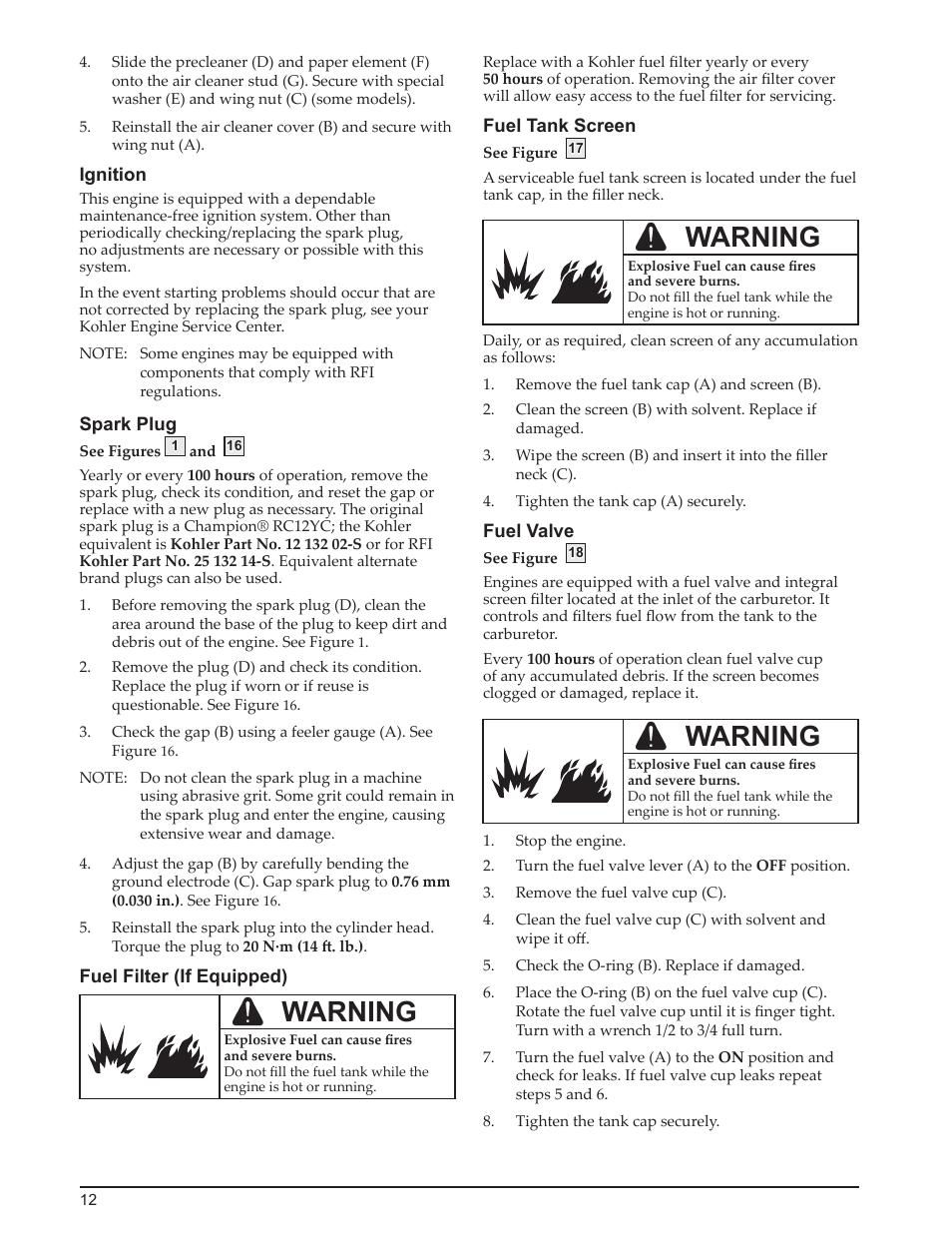 Warning | Kohler Courage SH265 User Manual | Page 12 / 18