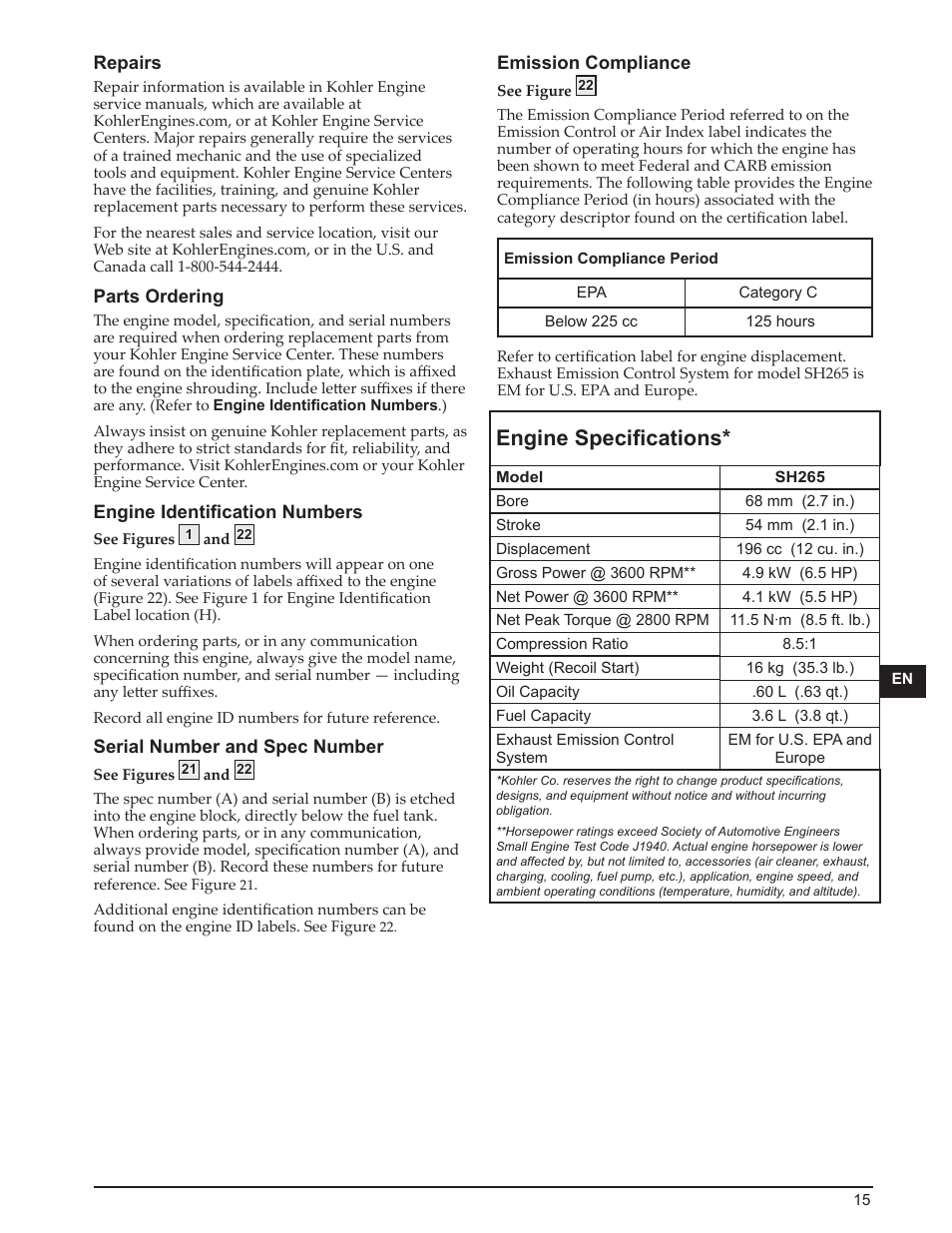 Engine specifications | Kohler Courage SH265 User Manual | Page 15 / 18