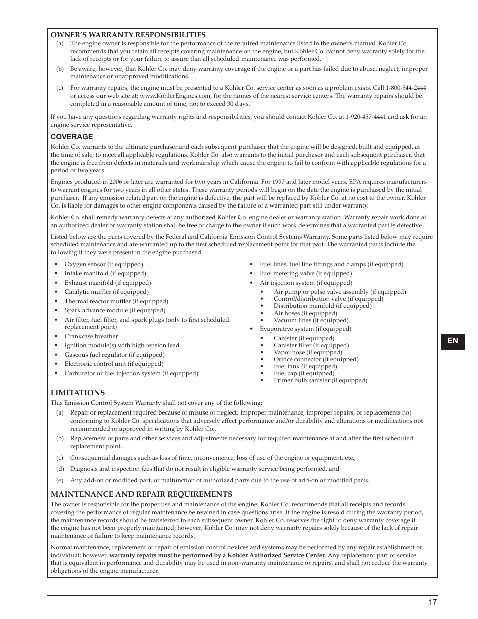 Kohler Courage SH265 User Manual | Page 17 / 18
