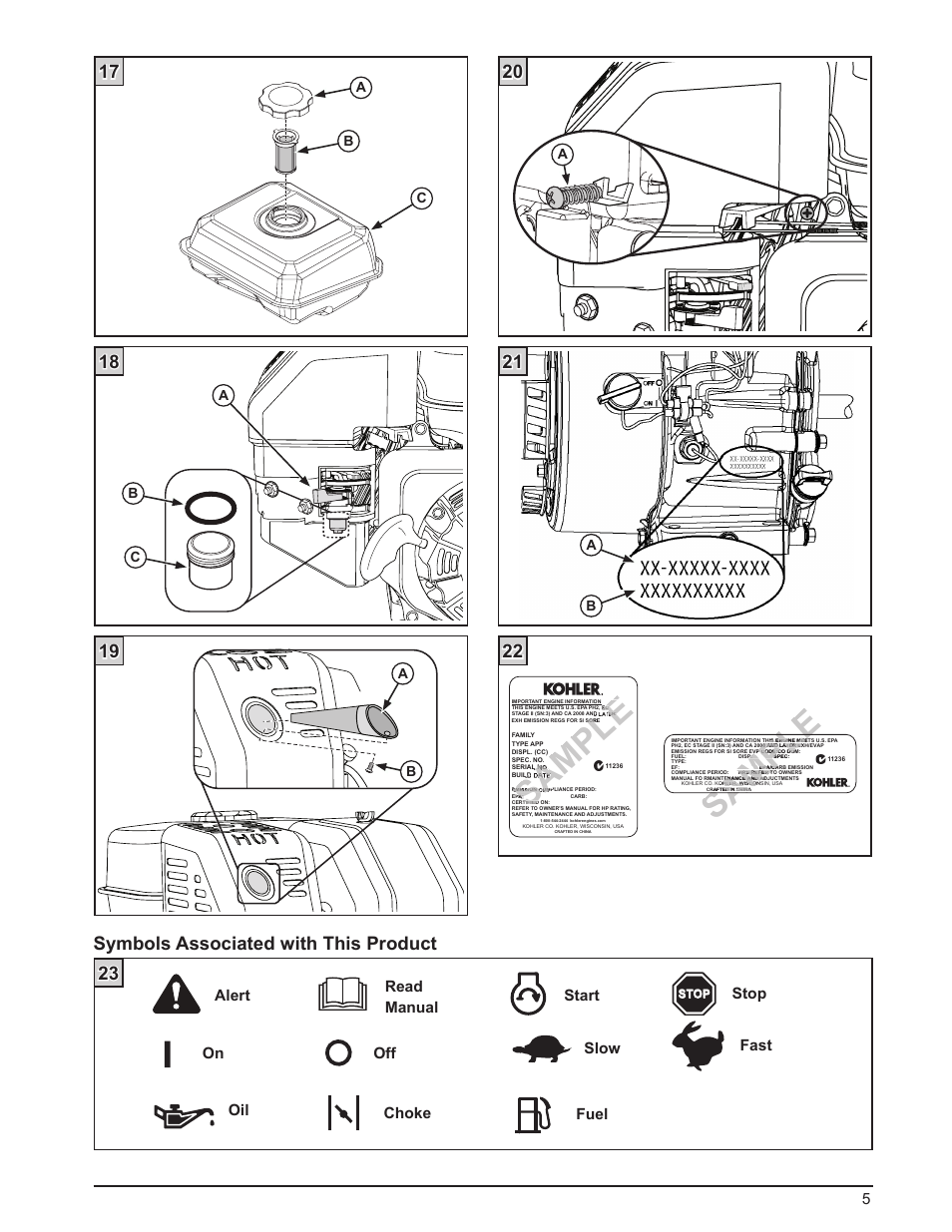Le sample, Ample, 22 symbols associated with this product 23 | Slow off on fast choke fuel oil read manual, Stop start alert | Kohler Courage SH265 User Manual | Page 5 / 18