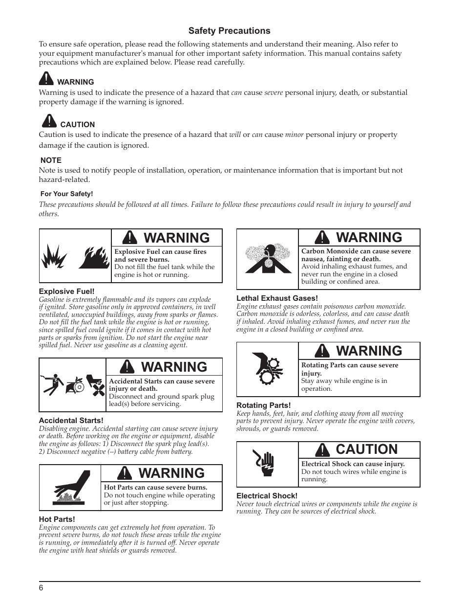 Warning, Caution | Kohler Courage SH265 User Manual | Page 6 / 18