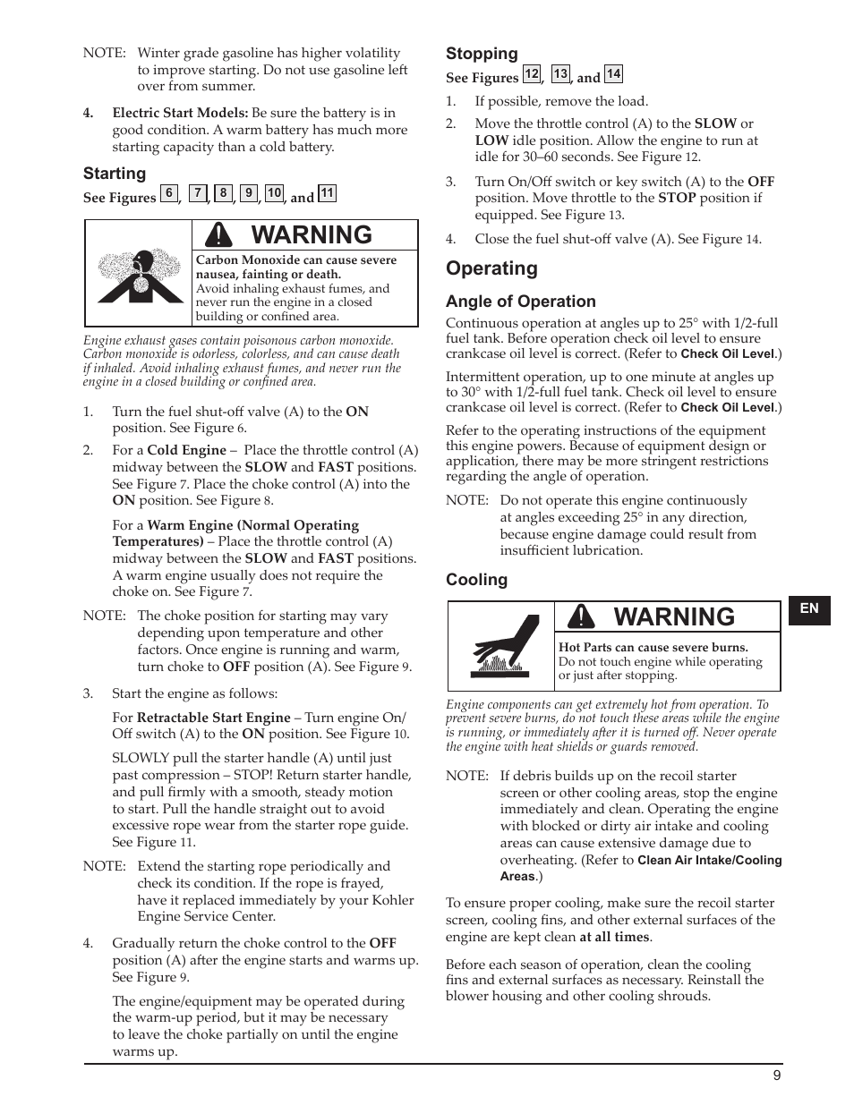Warning, Operating | Kohler Courage SH265 User Manual | Page 9 / 18