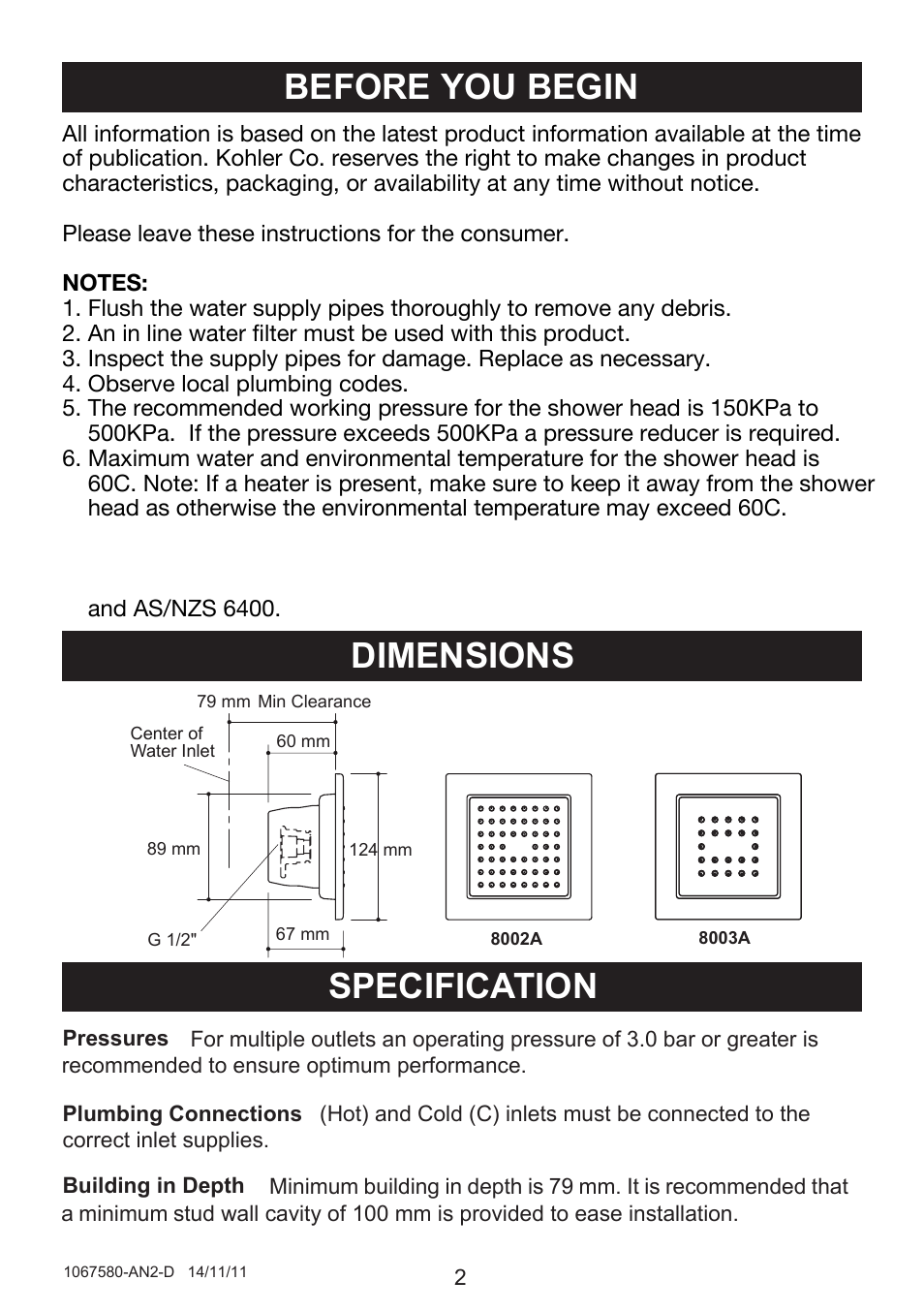 Dimensions, Before you begin specification | Kohler Watertile Bodyspray 8002A User Manual | Page 2 / 7