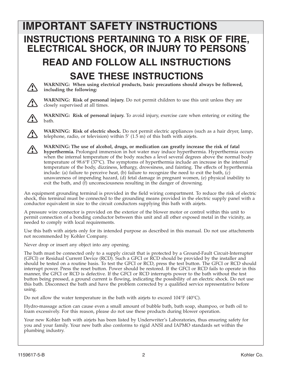 Important safety instructions | Kohler Bath With Airjets K-1969 User Manual | Page 2 / 44