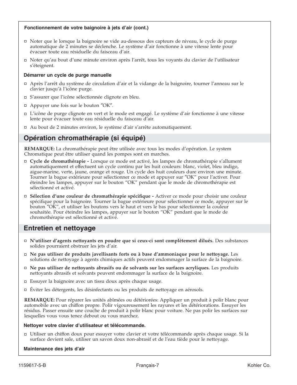 Opération chromathérapie (si équipé), Entretien et nettoyage | Kohler Bath With Airjets K-1969 User Manual | Page 20 / 44
