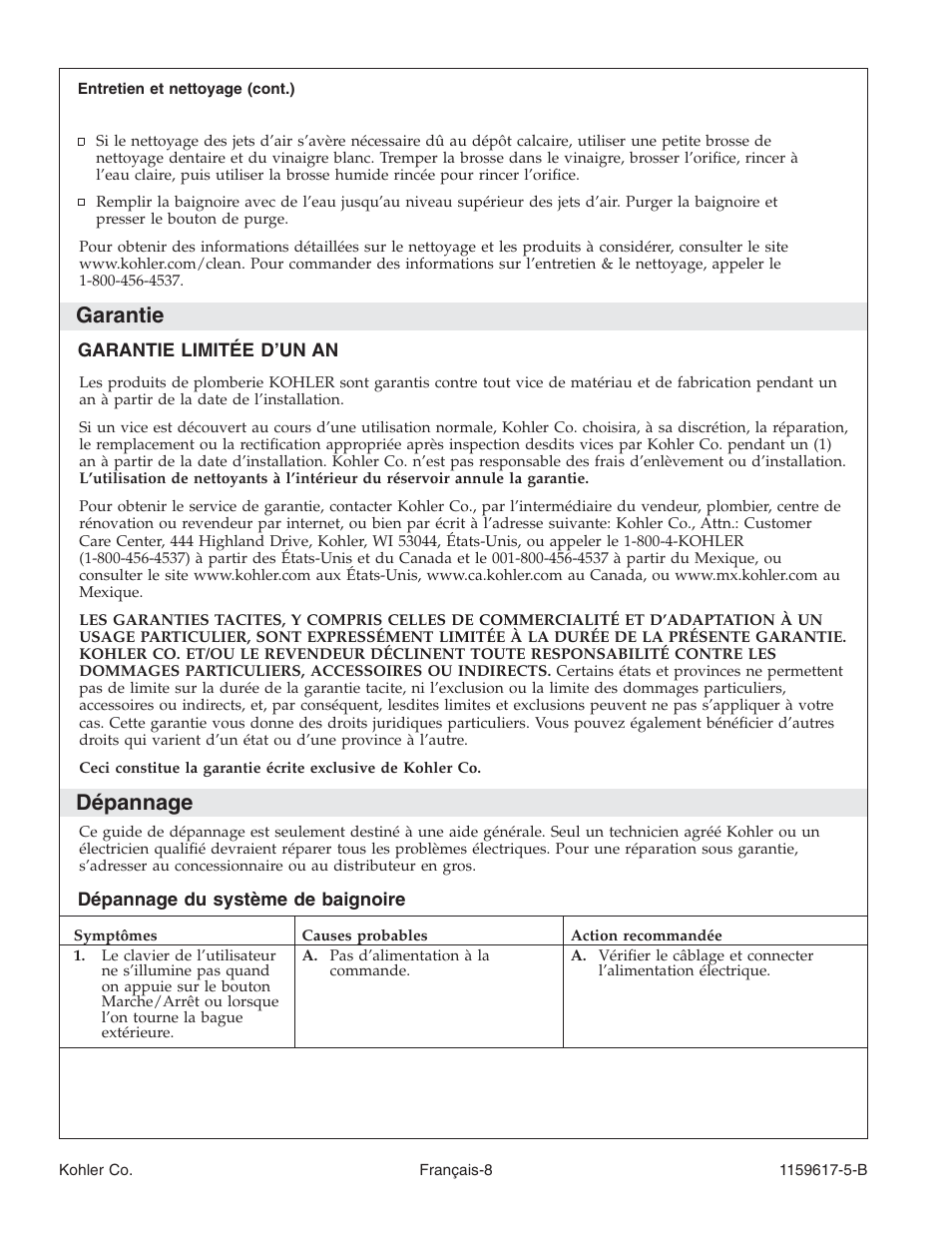 Garantie, Dépannage | Kohler Bath With Airjets K-1969 User Manual | Page 21 / 44