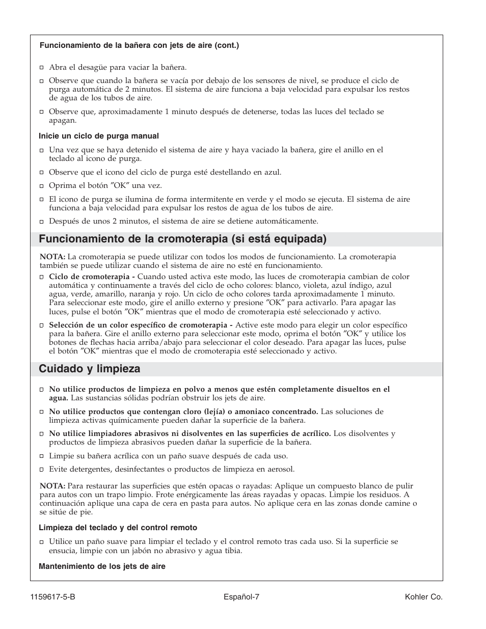 Cuidado y limpieza | Kohler Bath With Airjets K-1969 User Manual | Page 34 / 44