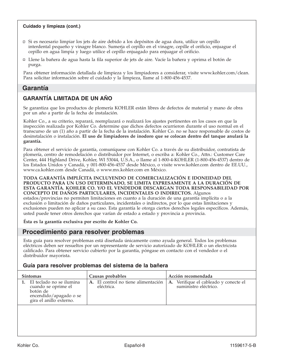 Garantía, Procedimiento para resolver problemas | Kohler Bath With Airjets K-1969 User Manual | Page 35 / 44