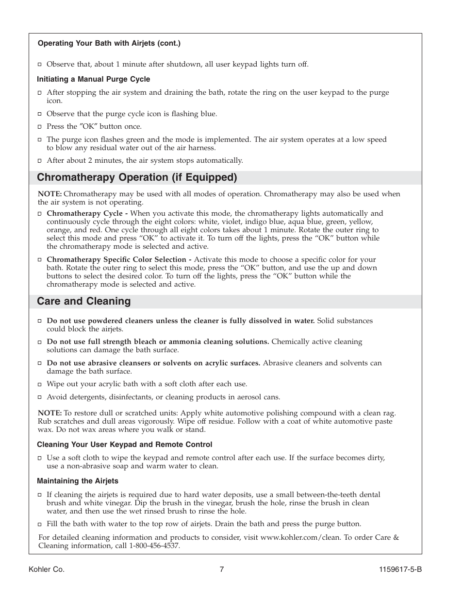 Chromatherapy operation (if equipped), Care and cleaning | Kohler Bath With Airjets K-1969 User Manual | Page 7 / 44