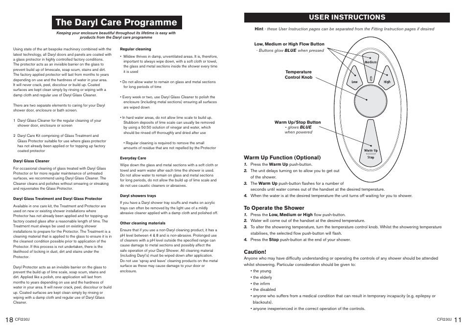 The daryl care programme, User instructions | Kohler CFI230J User Manual | Page 11 / 14