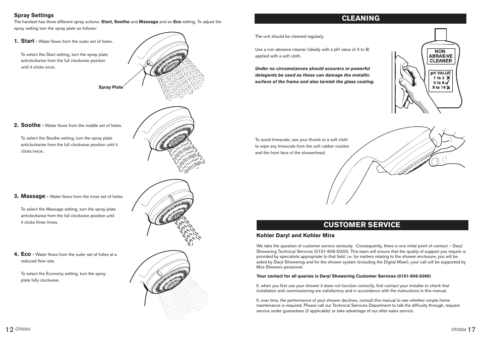 Cleaning, Customer service | Kohler CFI230J User Manual | Page 12 / 14