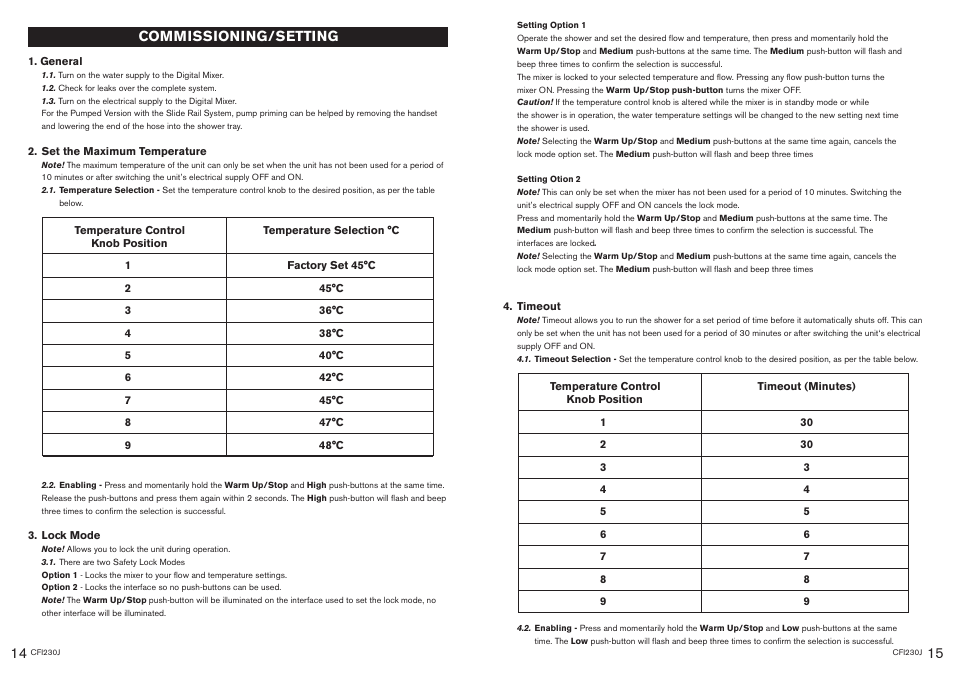 Commissioning/setting | Kohler CFI230J User Manual | Page 14 / 14