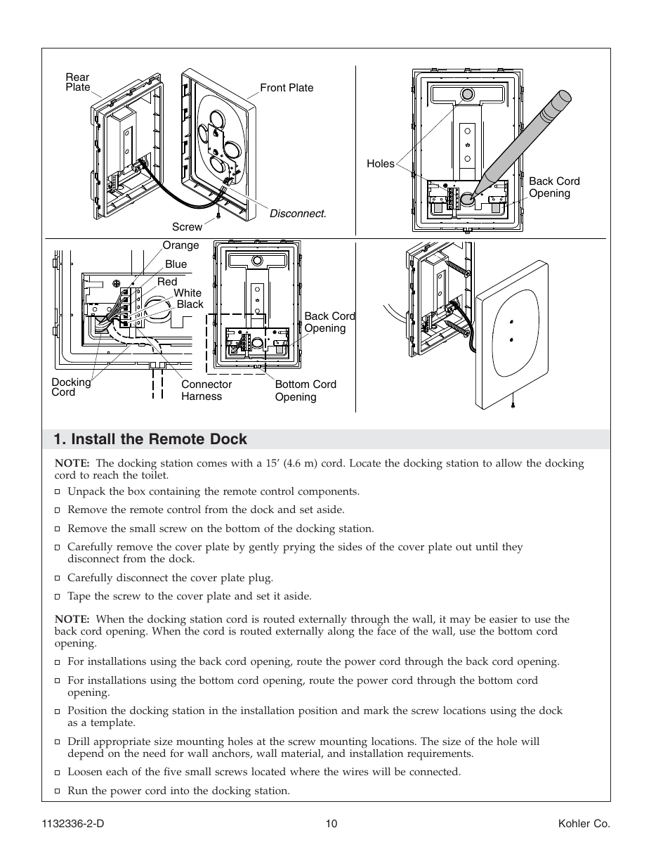 Install the remote dock | Kohler Toilet K-3900 User Manual | Page 10 / 68