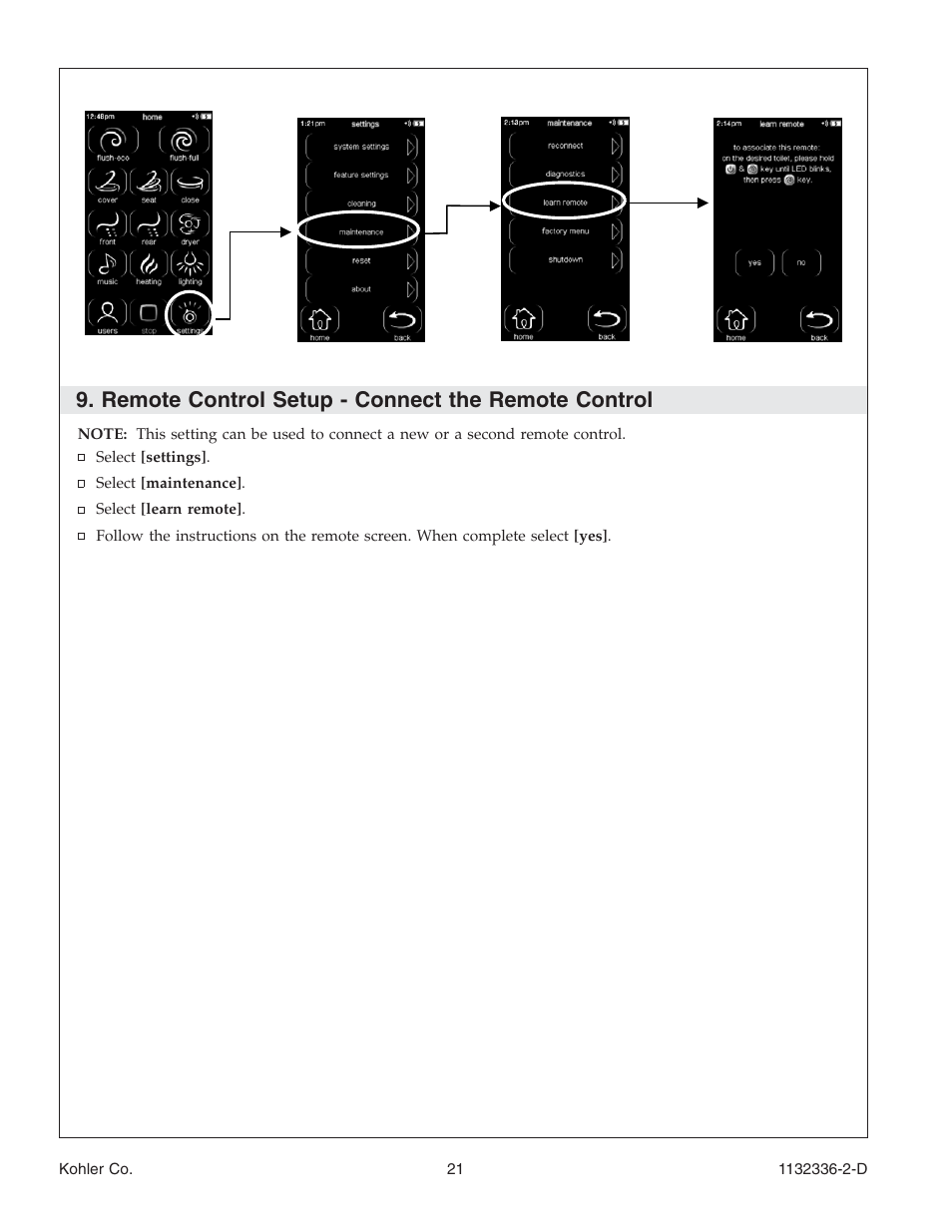 Remote control setup - connect the remote control | Kohler Toilet K-3900 User Manual | Page 21 / 68