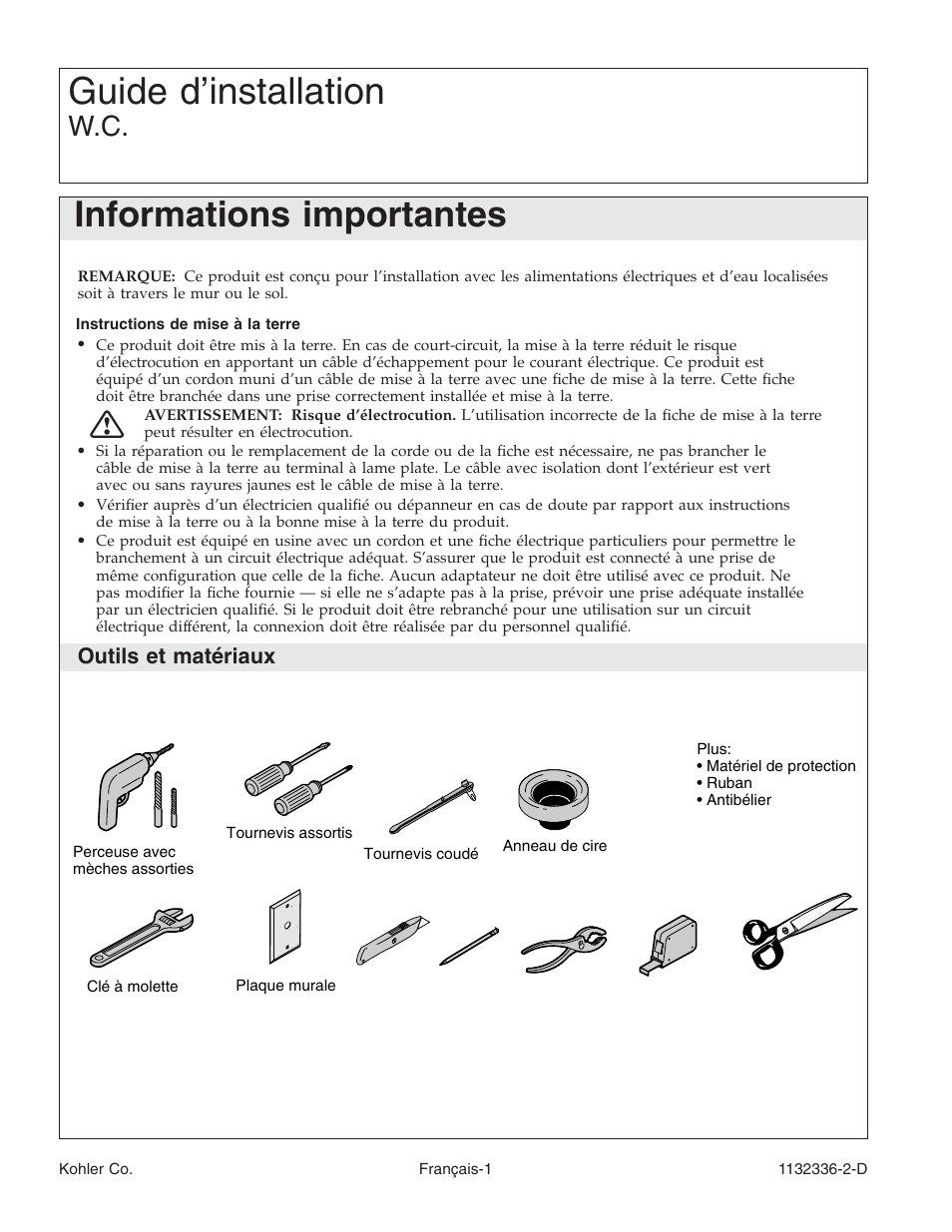 Guide d’installation, Informations importantes, Outils et matériaux | Kohler Toilet K-3900 User Manual | Page 23 / 68