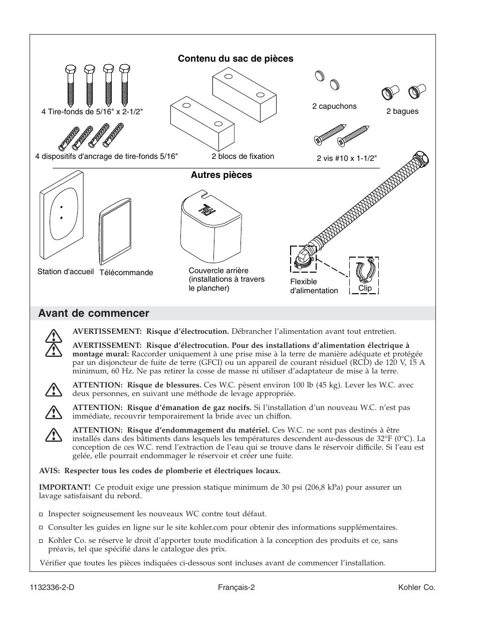 Avant de commencer | Kohler Toilet K-3900 User Manual | Page 24 / 68