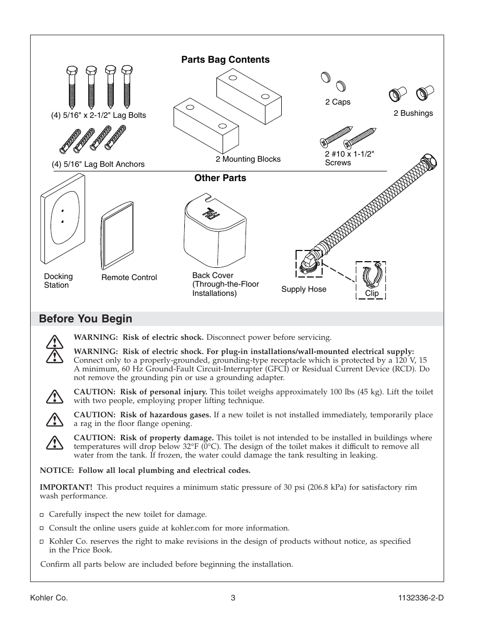 Before you begin | Kohler Toilet K-3900 User Manual | Page 3 / 68