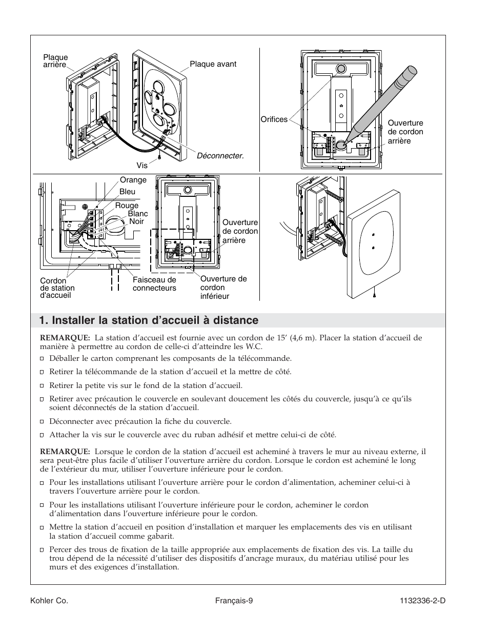 Installer la station d’accueil à distance | Kohler Toilet K-3900 User Manual | Page 31 / 68