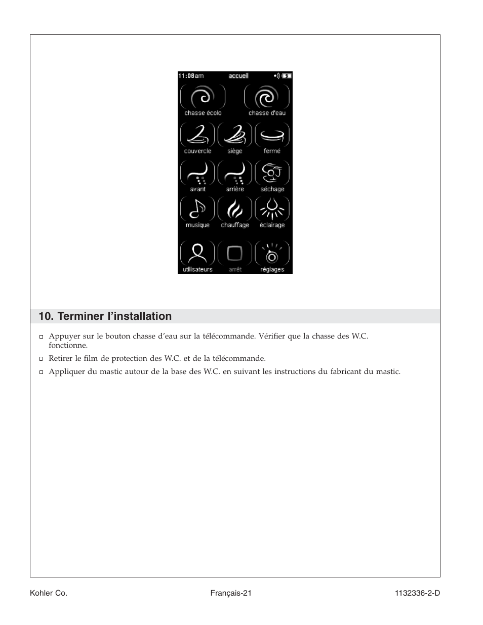 Terminer l’installation | Kohler Toilet K-3900 User Manual | Page 43 / 68