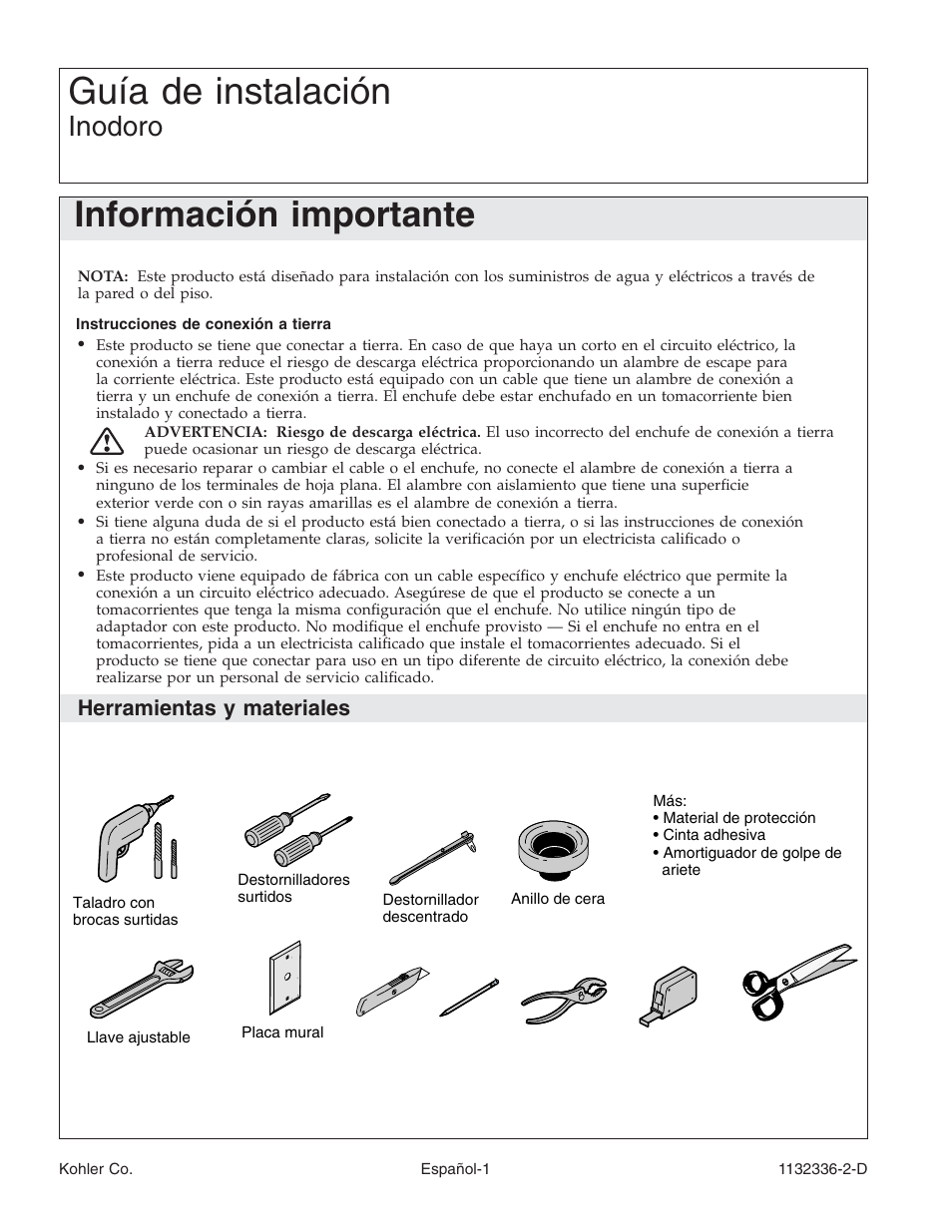 Guía de instalación, Información importante, Inodoro | Herramientas y materiales | Kohler Toilet K-3900 User Manual | Page 44 / 68