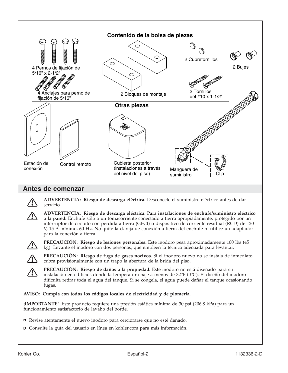 Antes de comenzar | Kohler Toilet K-3900 User Manual | Page 45 / 68