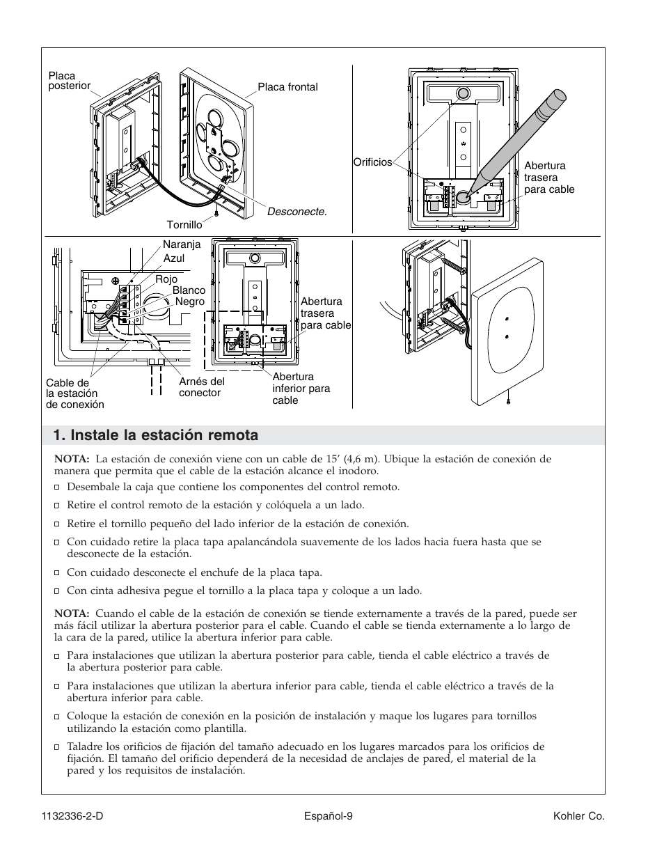 Instale la estación remota | Kohler Toilet K-3900 User Manual | Page 52 / 68