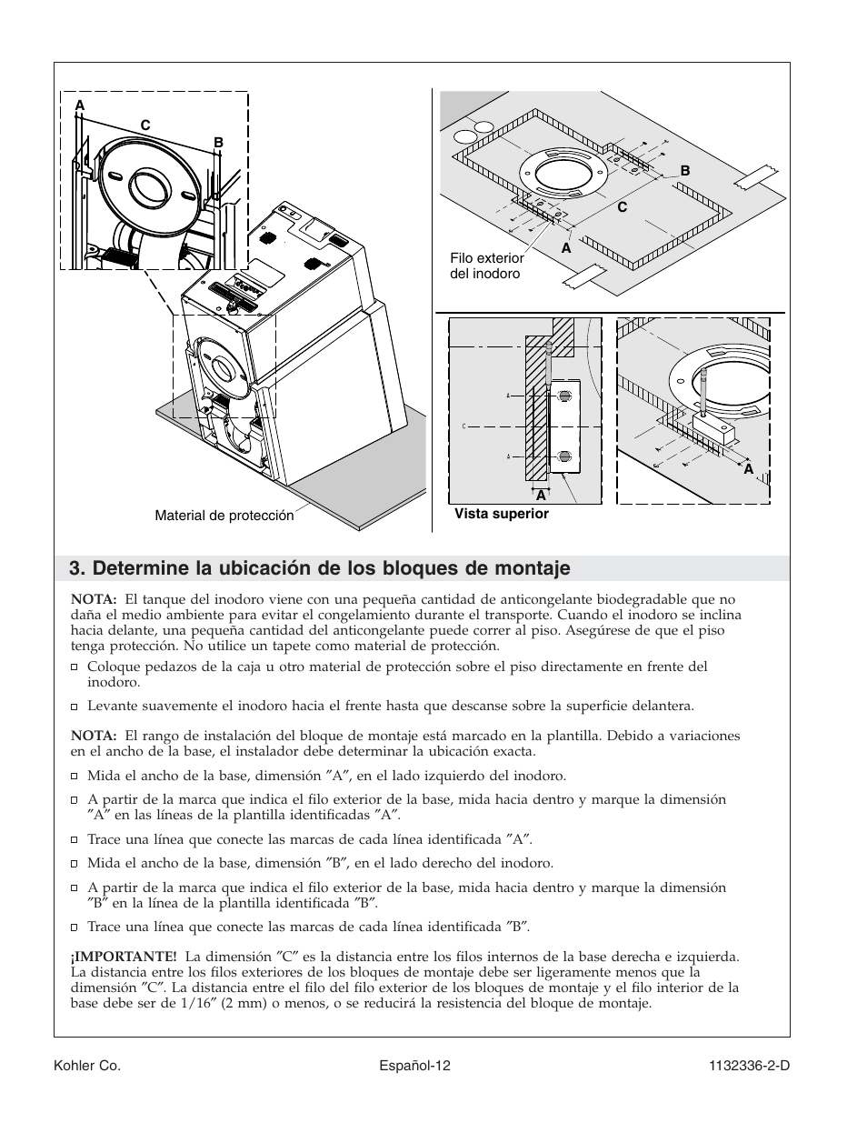 Determine la ubicación de los bloques de montaje | Kohler Toilet K-3900 User Manual | Page 55 / 68