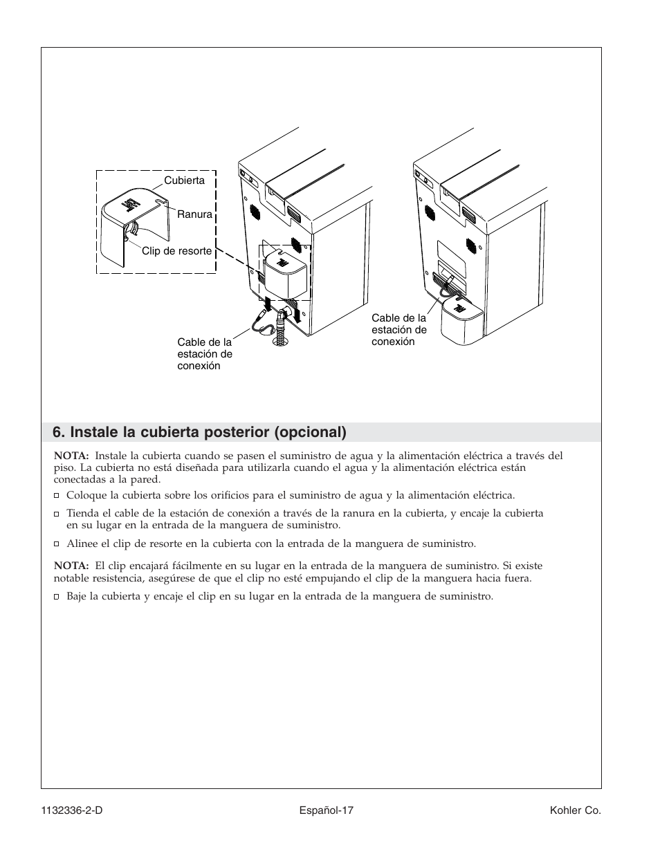 Instale la cubierta posterior (opcional) | Kohler Toilet K-3900 User Manual | Page 60 / 68