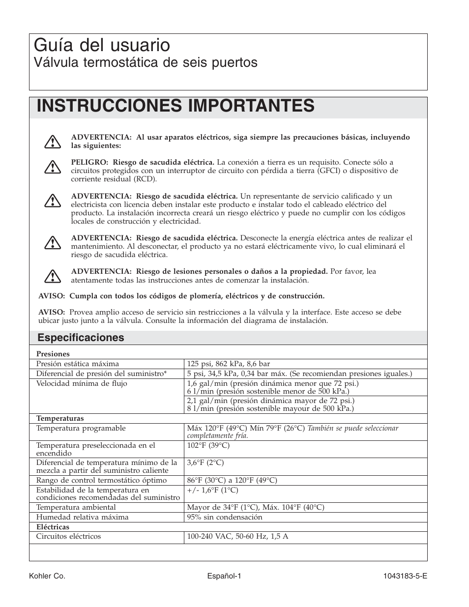 Guía del usuario, Instrucciones importantes, Válvula termostática de seis puertos | Especificaciones | Kohler Six-Port Thermostatic Valve 1043183-5-D User Manual | Page 13 / 20