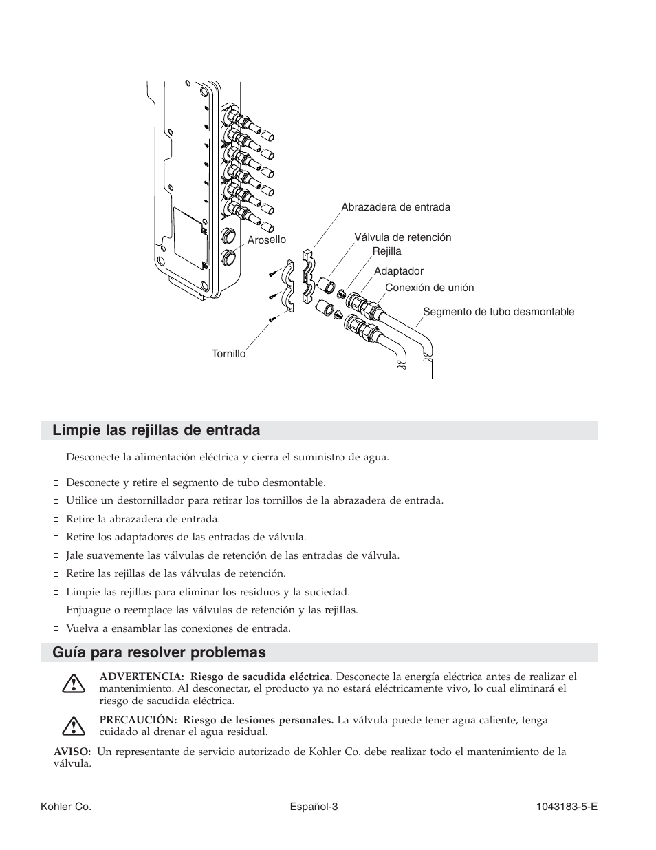 Limpie las rejillas de entrada, Guía para resolver problemas | Kohler Six-Port Thermostatic Valve 1043183-5-D User Manual | Page 15 / 20